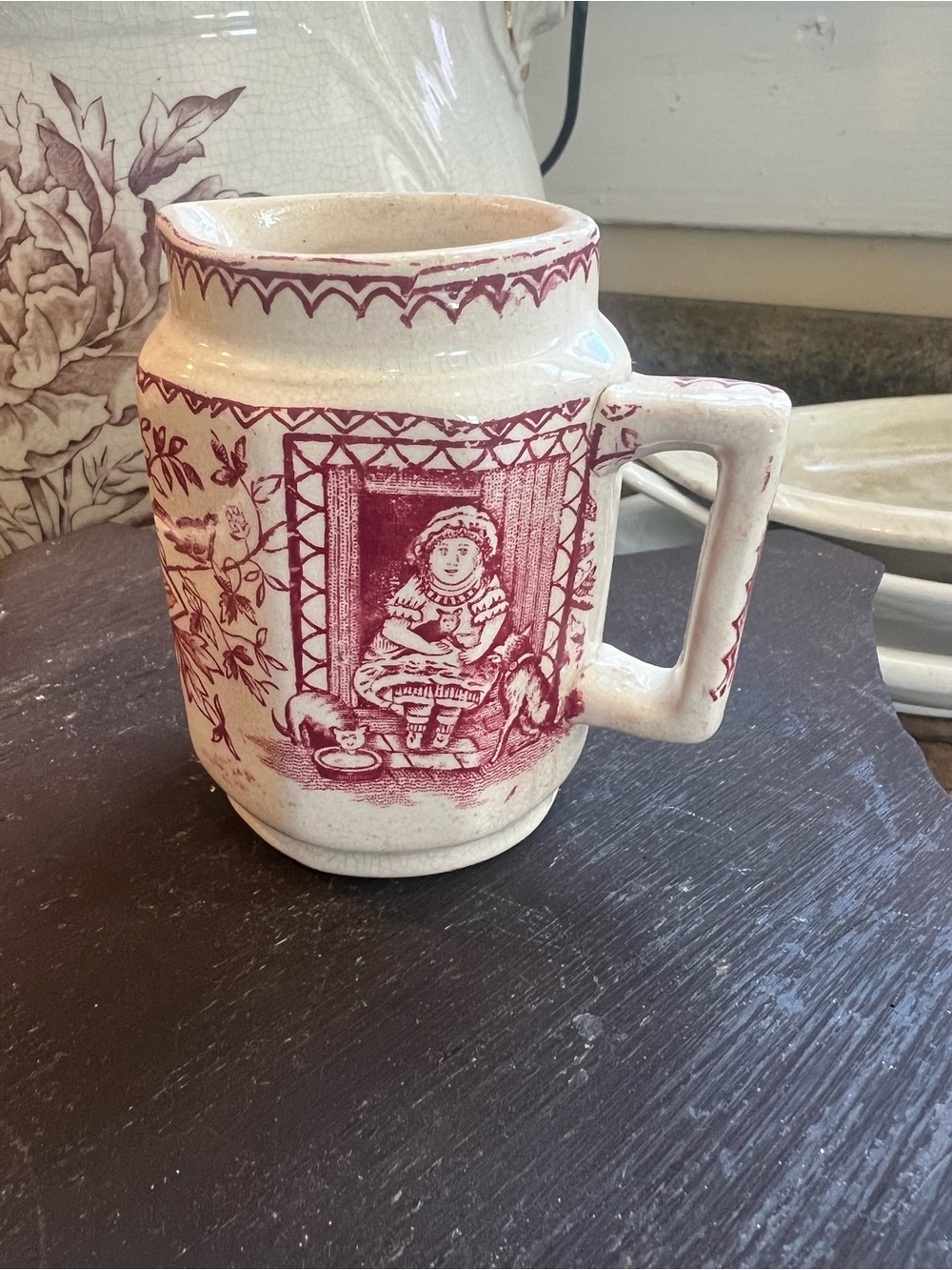 Antique English Staffordshire “Little Mae” Transferware Creamer